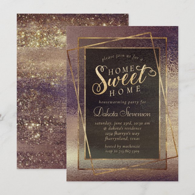 Invitation Minimalisme clinquant | Rose foncé Gold Home Sweet (Devant / Derrière)