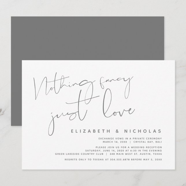 Invitation Minimalisme Gris foncé, Mariage Fuite Party (Devant / Derrière)