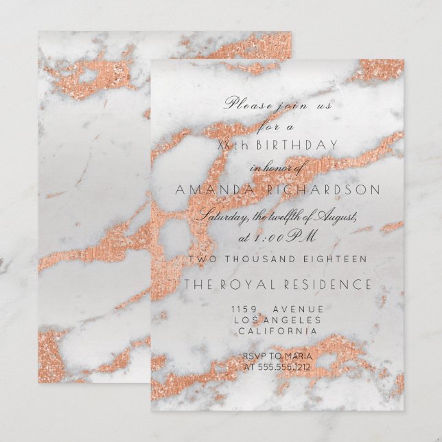 Invitation Minimalisme gris marbre rose or cuivre Anniversair (Devant / Derrière)