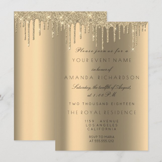 Invitation Minimalisme Paillettes Drips Or Anniversaire (Devant / Derrière)