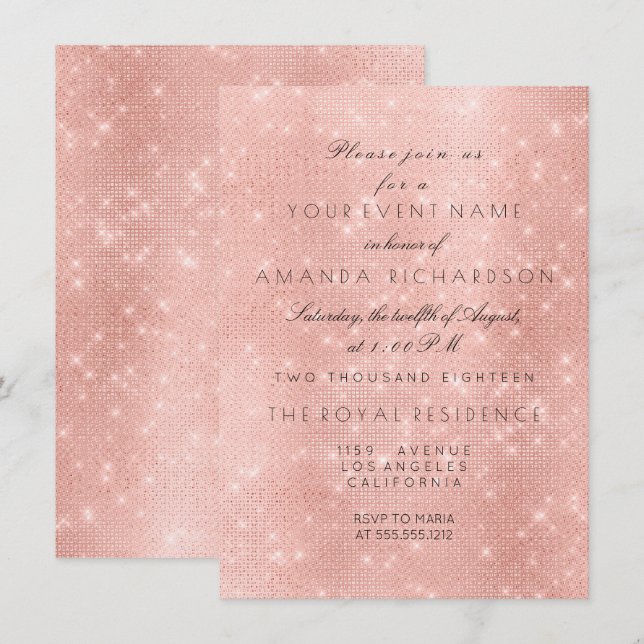 Invitation Minimalisme Rose Pâle Blush Pailleté Or Anniversai (Devant / Derrière)