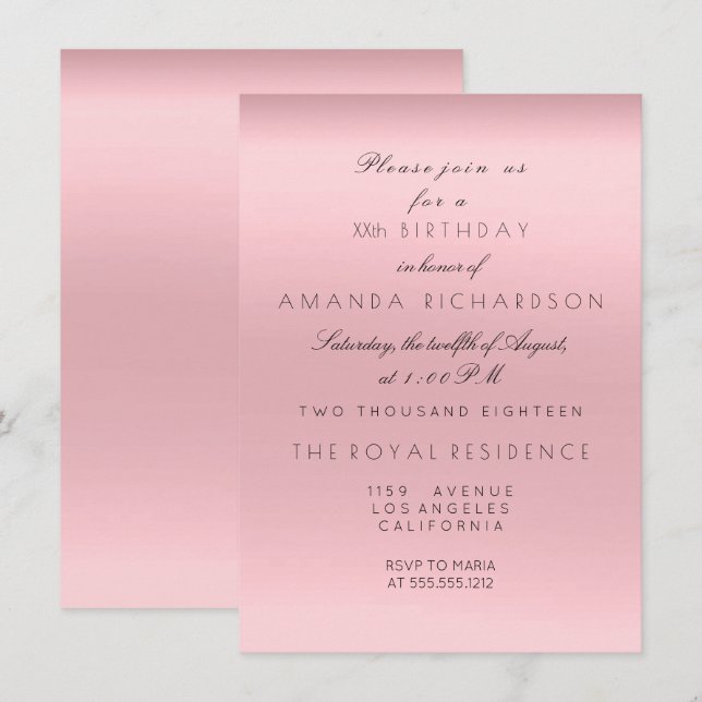 Invitation Minimalisme Rose Rose Poudre Anniversaire (Devant / Derrière)