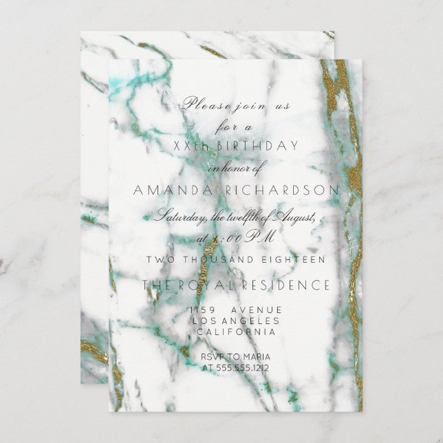 Invitation Minimalisme Vert Menthe Marbre Doré Blanc (Devant / Derrière)