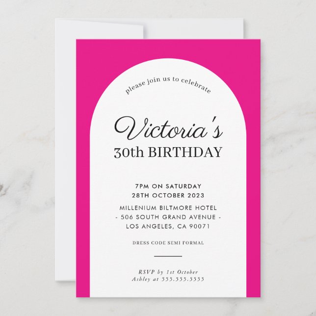 Invitation MINIMALIST arc anniversaire chic moderne fuschia r (Devant)