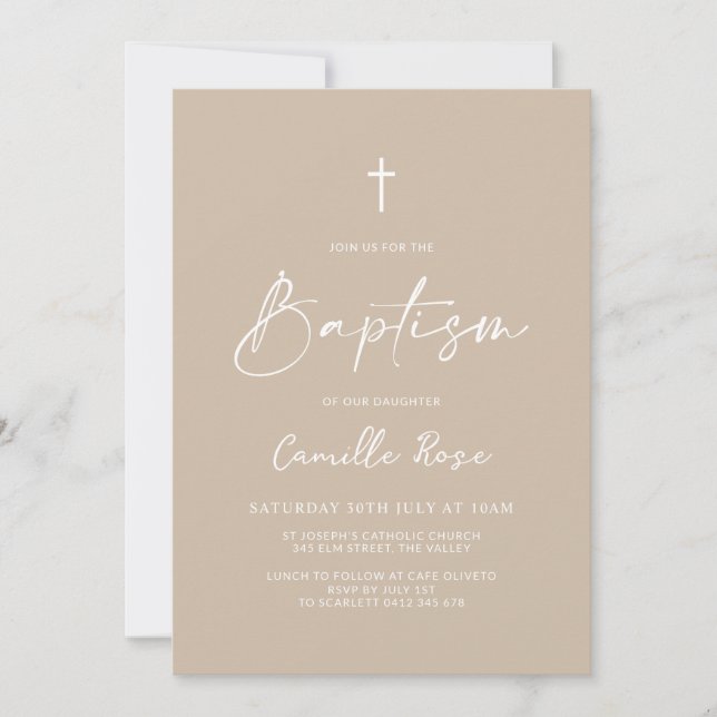 Invitation Minimalist Baptism Beige Neutral  (Devant)