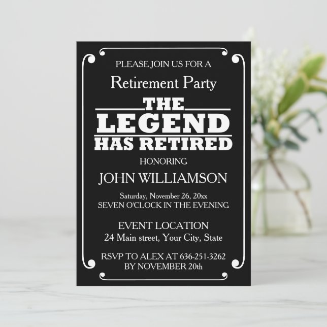 Invitation Minimalist Black and White Retirement Party  (Debout devant)