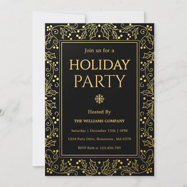 Invitation Minimalist Black & Gold Holiday Gathering (Devant)