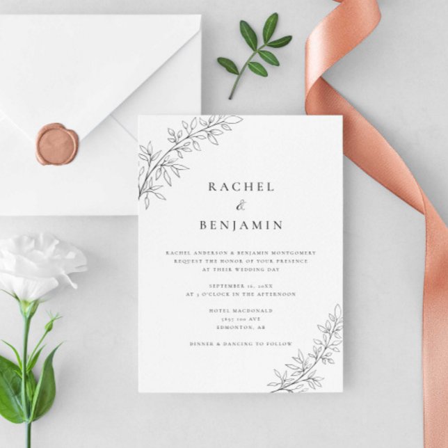 Invitation Minimalist Botanical Wedding Elegant Black White  (Créateur téléchargé)