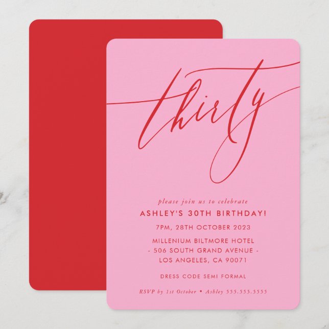 Invitation MINIMALIST Calligraphie chic 30ème parti rose roug (Devant / Derrière)