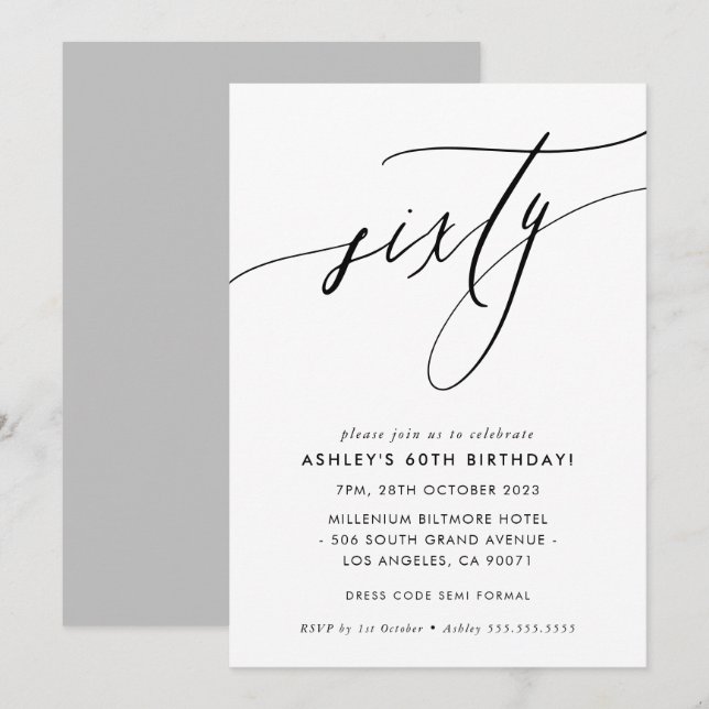 Invitation MINIMALIST Calligraphie chic 60e anniversaire (Devant / Derrière)