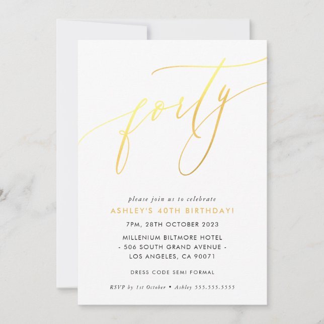 Invitation MINIMALIST Calligraphie chic or 40e anniversaire (Devant)