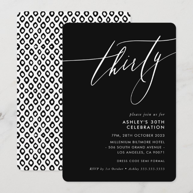 Invitation MINIMALIST Calligraphie élégante 30ème partie noir (Devant / Derrière)