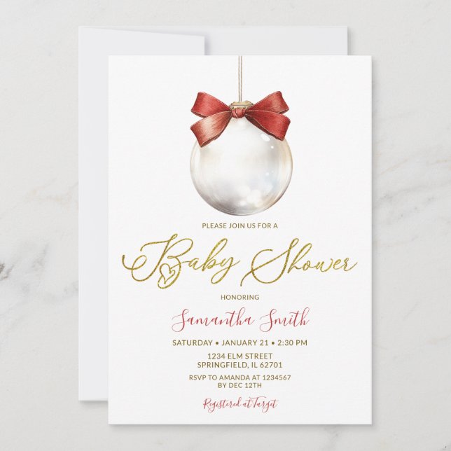 Invitation Minimalist Christmas Bauble Gold Baby Shower (Devant)