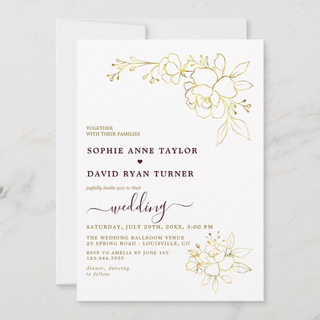 Invitation Minimalist Deep Burgundy Gold Simple Wedding (Devant)