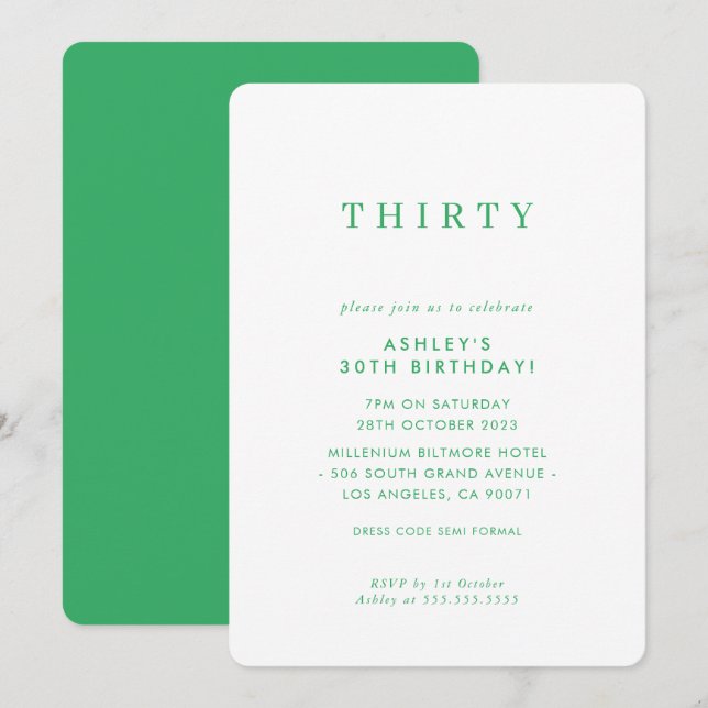 Invitation MINIMALIST design anniversaire chic moderne kelly  (Devant / Derrière)