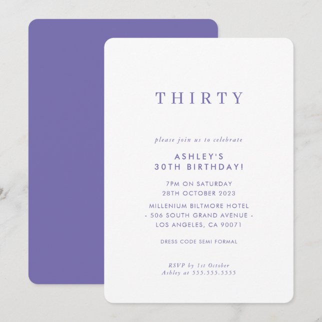 Invitation MINIMALIST design anniversaire chic violet moderne (Devant / Derrière)