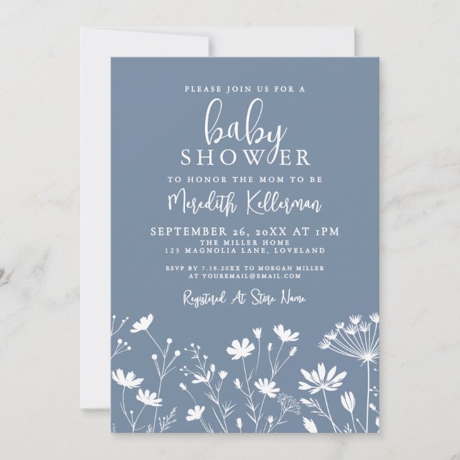 Invitation Minimalist Dusty Blue Wildflower Baby Shower (Devant)