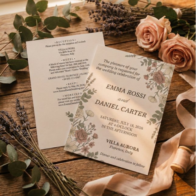 Invitation Minimalist Floreal Cream All In One Wedding  (Simple Floral wedding invitation card, modern and nature inspired)