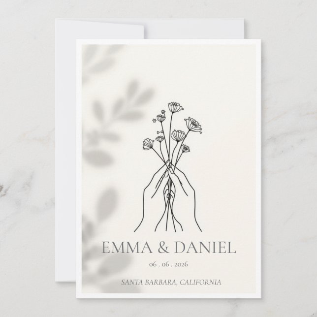 Invitation Minimalist Line Art Hands holding Flowers Wedding  (Devant)