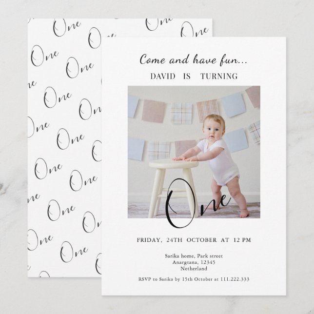Invitation Minimalist One  Custom Photo First Birthday (Devant / Derrière)