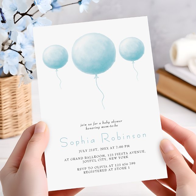 Invitation Minimalist Pastel Blue Balloons Baby Boy Shower (Créateur téléchargé)