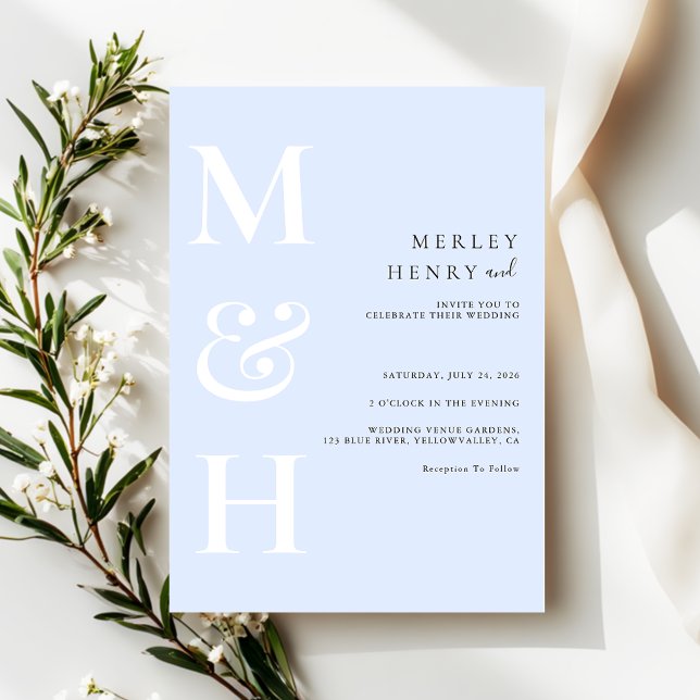 Invitation Minimalist Pastel Blue White Monogram Wedding (Créateur téléchargé)