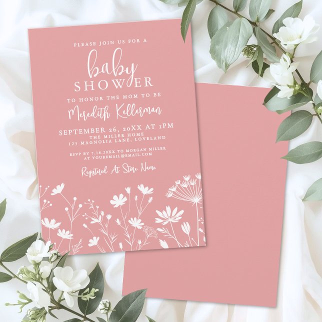 Invitation Minimalist Pink Wildflower Baby Shower (Minimalist Pink Wildflower Baby Shower Invitation)