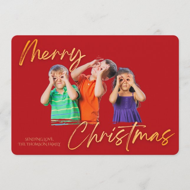 Invitation Minimalist Red Gold Merry Christmas Handwriting  (Devant)