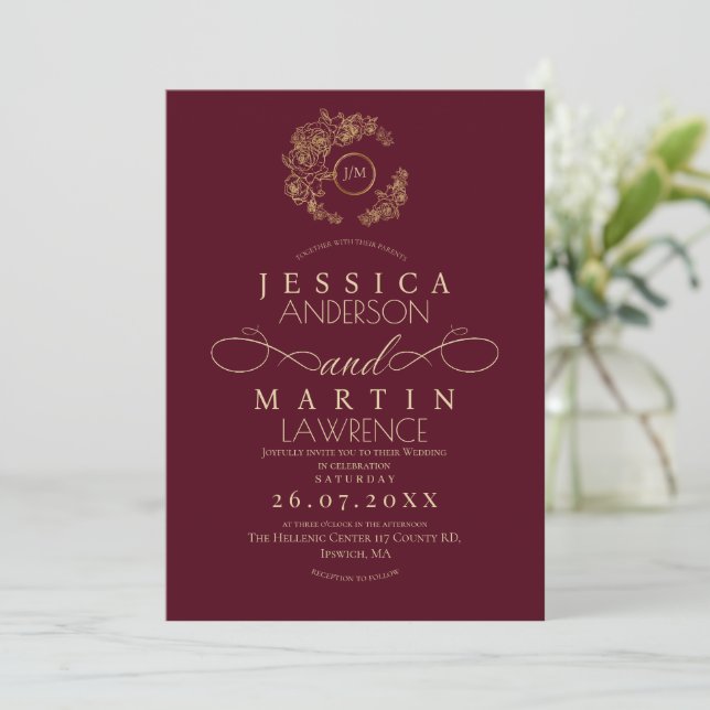 Invitation Minimalist Romantic Script Burgundy Gold Wedding  (Debout devant)