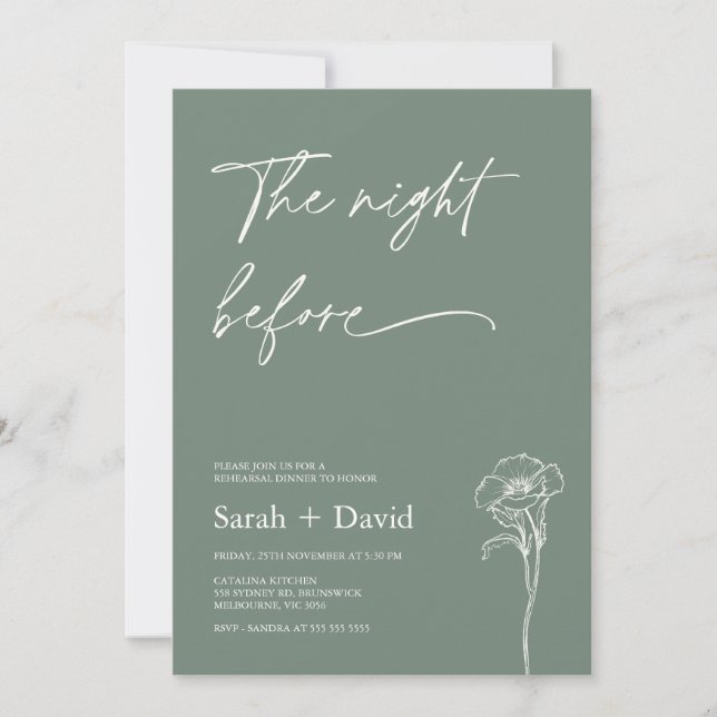 Invitation Minimalist Sage Green Floral Rehearsal Dinner  (Devant)
