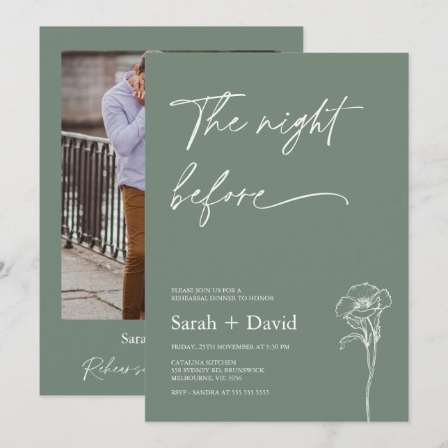 Invitation Minimalist Sage Photo Floral Rehearsal Dinner  (Devant / Derrière)