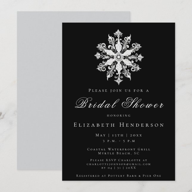 Invitation Minimalist Snowflake Bridal Shower | Black (Devant / Derrière)