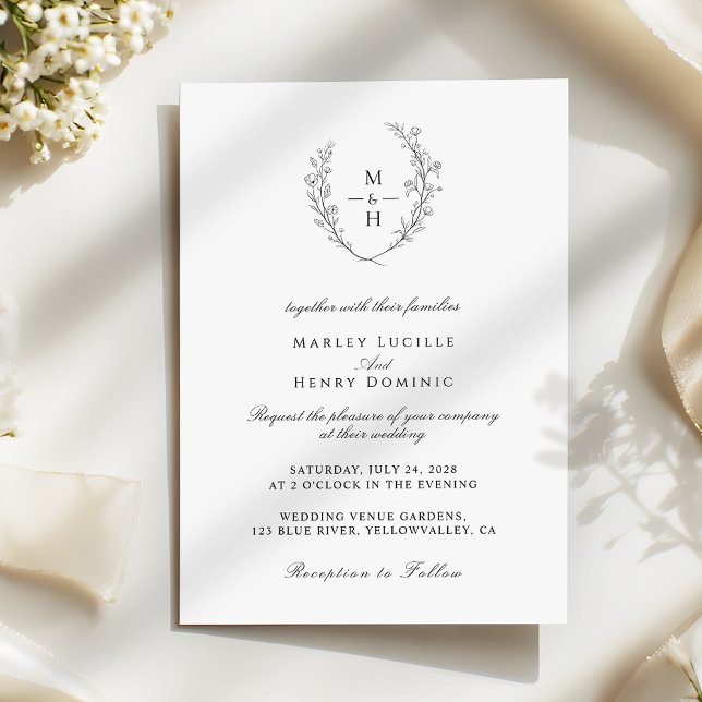 Invitation Minimalist Wildflower Wreath Boho Monogram Wedding (Créateur téléchargé)