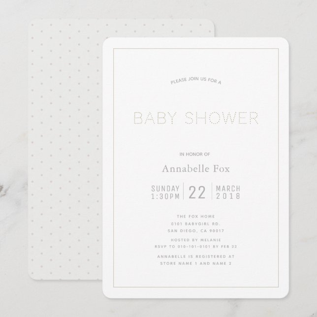 Invitation minimaliste au Baby shower blanc modern (Devant / Derrière)