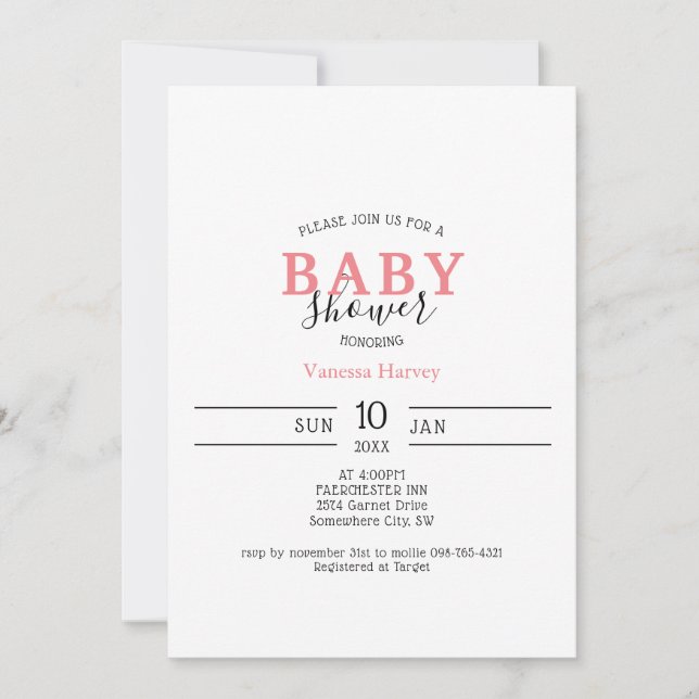 Invitation minimaliste Baby shower rose (Devant)