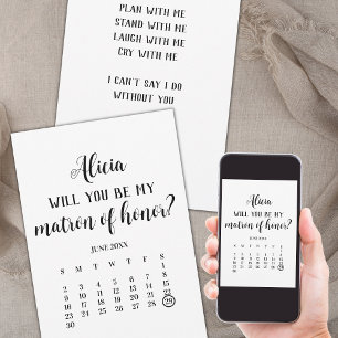 Invitation Minimaliste Be My Matron of Honor Calendrier Propo