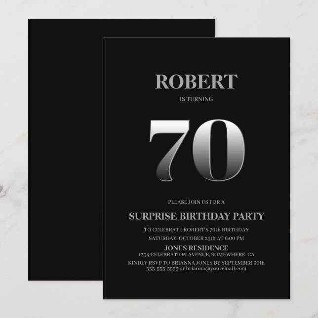 Invitation Minimaliste Black and Silver Surprise 70e annivers (Devant / Derrière)