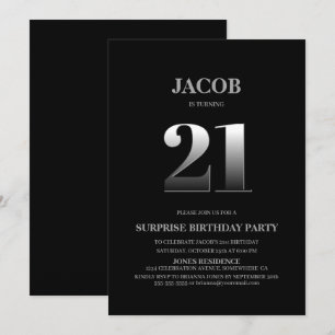 Invitation Minimaliste Black et Silver Surprise 21e anniversa