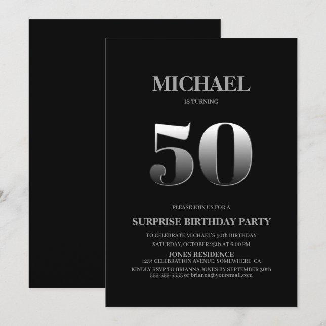 Invitation Minimaliste Black et Silver Surprise 50e anniversa (Devant / Derrière)