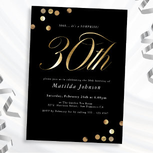 Invitation Minimaliste Black Gold Surprise 30e fête d'anniver