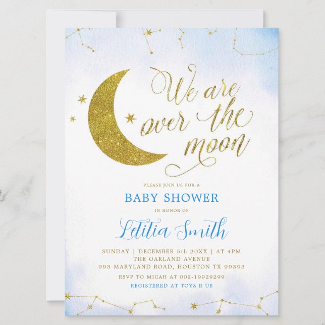 Invitation Minimaliste bleu sur la lune Baby shower Invitatio (Devant)