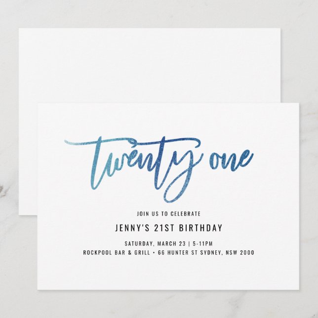 Invitation Minimaliste Blue Foil 21e anniversaire (Devant / Derrière)
