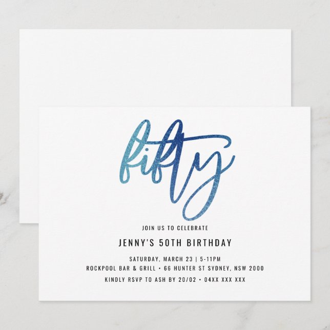 Invitation Minimaliste Blue Foil 50e anniversaire (Devant / Derrière)