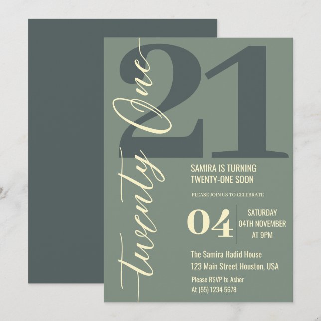 Invitation Minimaliste Chic Vingt et Un 21e Anniversaire (Devant / Derrière)