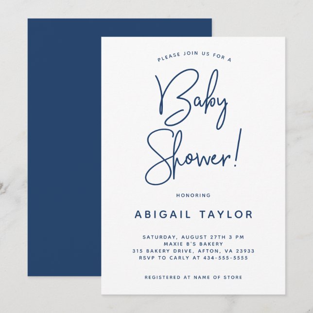 Invitation minimaliste de Baby shower bleu de la m (Devant / Derrière)