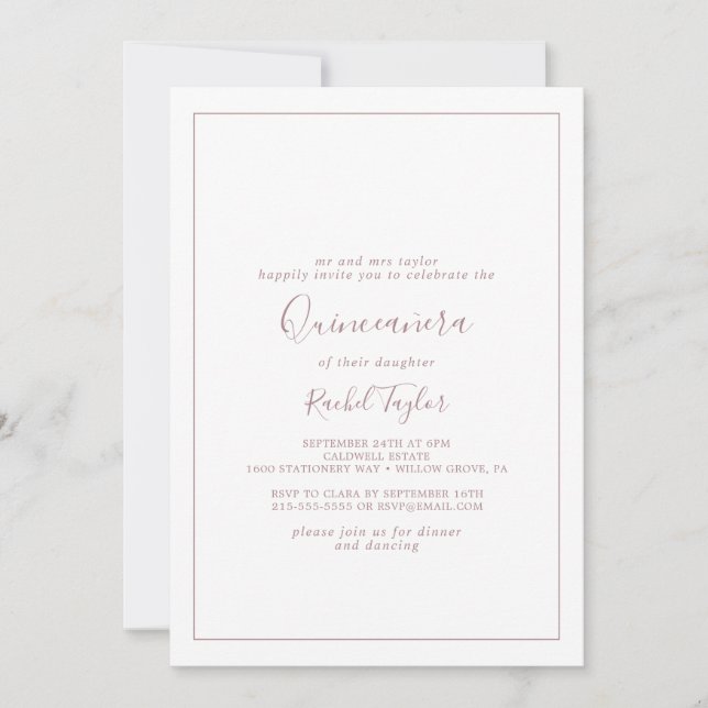 Invitation minimaliste du Rose Gold Quinceañera (Devant)