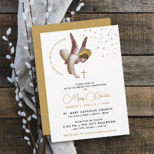 Invitation Minimaliste Élégant Ange de Baptême en Or Blanc Fo