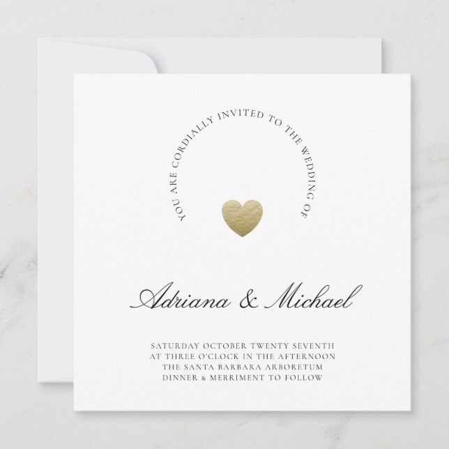Invitation Minimaliste Gold Heart Mariage de script moderne (Devant)