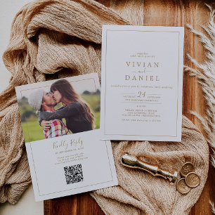 Invitation Minimaliste Gold Photo QR Code Tout en un Mariage