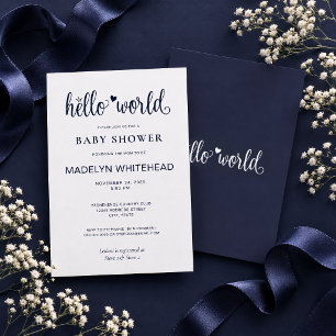 Invitation Minimaliste Hello World Baby Shower Bleu Nuit
